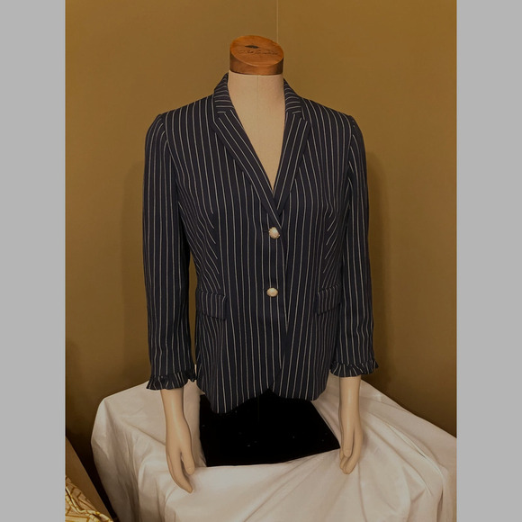 Chico's Sz 2P Petite Striped Navy Blue Blazer Pearl Buttons Jacket Lined - Picture 2 of 12